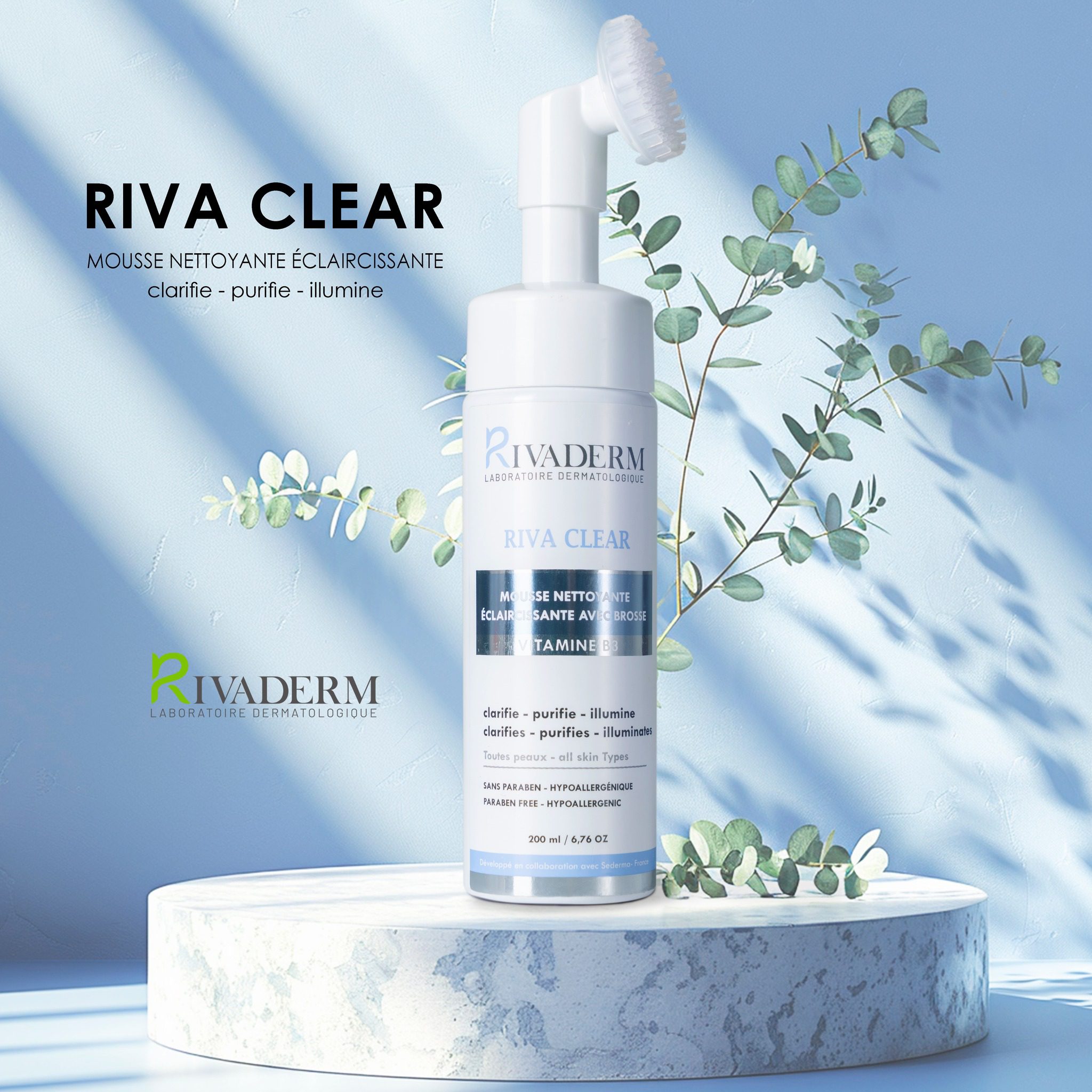 RIVADERM Riva Clear — Mousse Nettoyante Éclaircissante avec Brosse 200 ml – Image 3