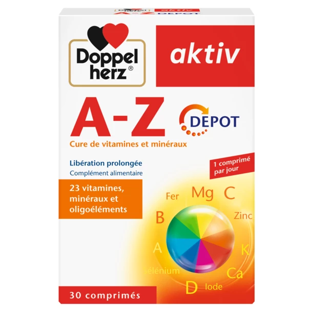 Packshot AKTIV A-Z Action Durable — boîte 30 comprimés