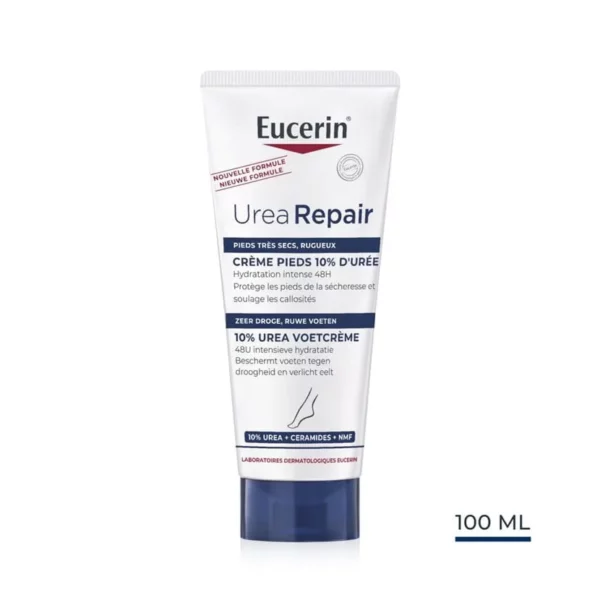 Eucerin UreaRepair PLUS Crème Pieds 10 % d’Urée — tube blanc et bleu, vue de face