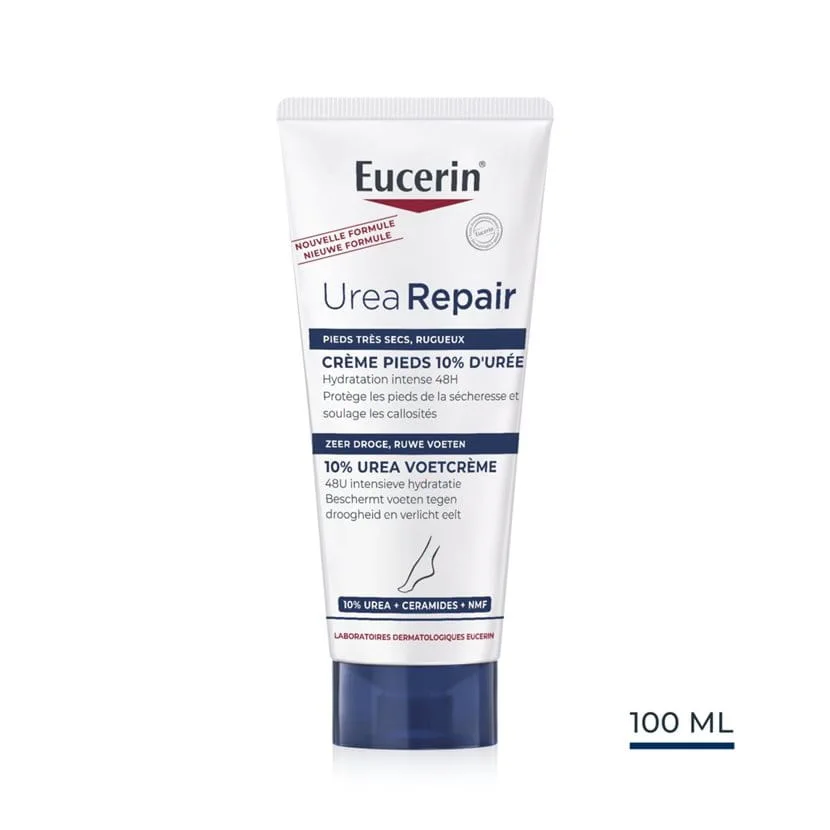 Eucerin UreaRepair PLUS Crème Pieds 10 % d’Urée — tube blanc et bleu, vue de face