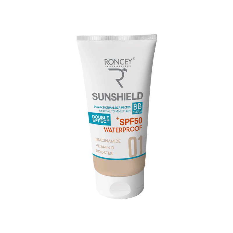 Roncey SunShield Waterproof SPF50+ Teinte 01 — 50 ml, packshot (3 versions)