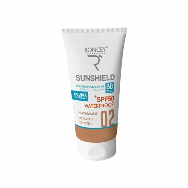 Roncey SunShield Waterproof SPF50+ Teinte 02 — 50 ml, packshot (3 versions)