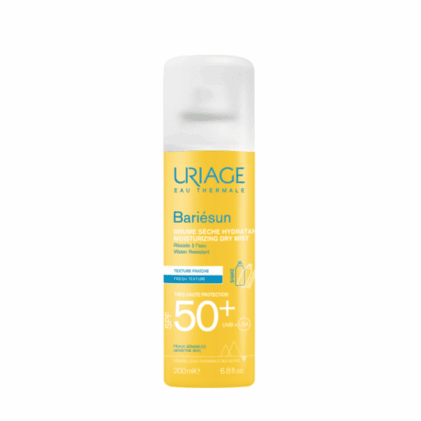 uriage, bariésun, brume solaire, spf50, toucher sec, très haute protection, uva uvb, résistant à l’eau, vitamine e, eau thermale, corps et visage, 200 ml