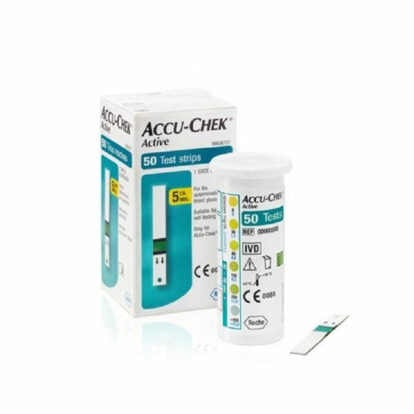 Packshot « Accu-Chek Active 50 bandelettes » avec flacon et boîte