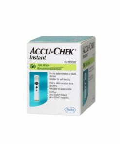Packshot « Accu-Chek Instant Bandelettes — Boîte de 50 » avec flacon ouvert.