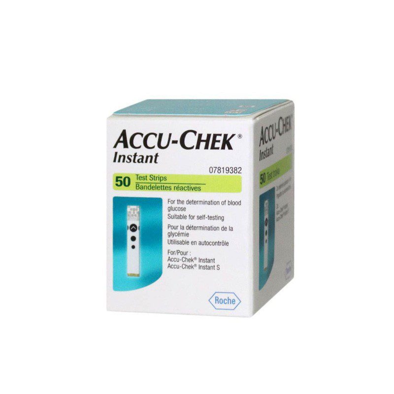 Packshot « Accu-Chek Instant Bandelettes — Boîte de 50 » avec flacon ouvert.