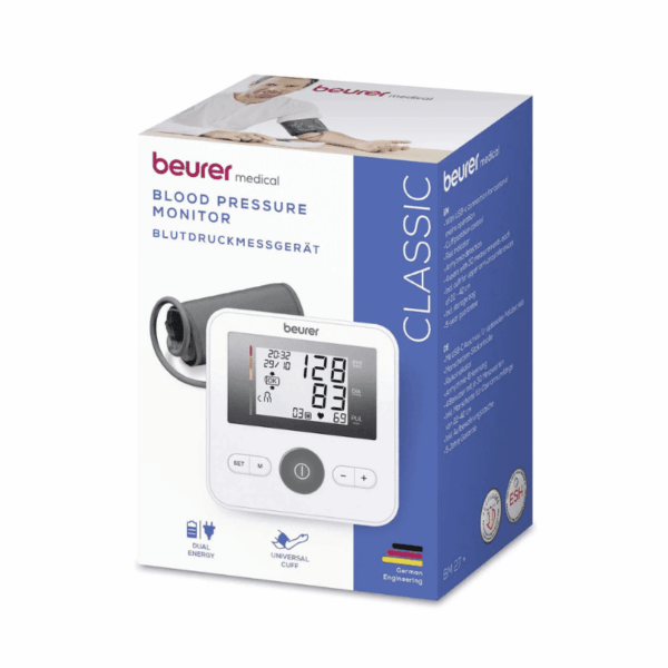 Packshot « Beurer Tensiomètre à Bras BM 27+ » avec brassard et écran allumé.