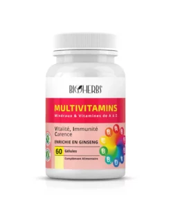 Packshot du flacon « Bioherbs Multivitamins 60 gélules » sur fond blanc, étiquette lisible.