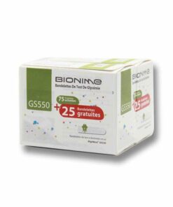 Coffret « Bionime Bandelettes BT75 + 25 Gratuites — 100 pièces » avec flacons visibles.