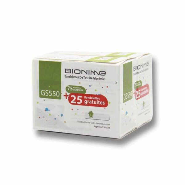 Coffret « Bionime Bandelettes BT75 + 25 Gratuites — 100 pièces » avec flacons visibles.