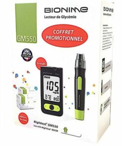 Coffret Bionime ouvert montrant le lecteur, 100 bandelettes et l’autopiqueur.