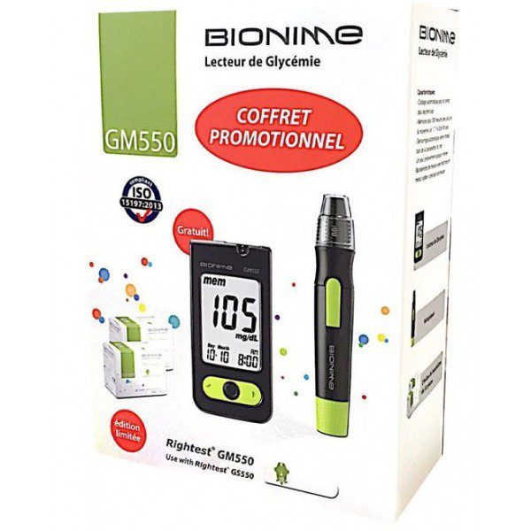 Coffret Bionime ouvert montrant le lecteur, 100 bandelettes et l’autopiqueur.