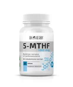 Packshot du flacon « Bioherbs 5-MTHF Vitamine B9 30 gélules » sur fond blanc.