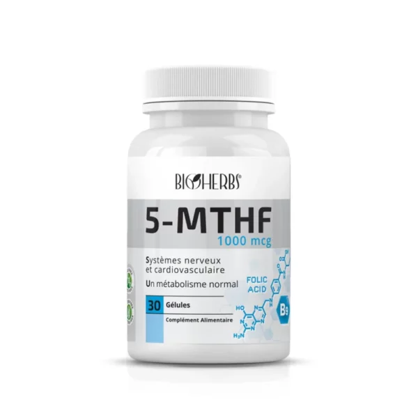 Packshot du flacon « Bioherbs 5-MTHF Vitamine B9 30 gélules » sur fond blanc.