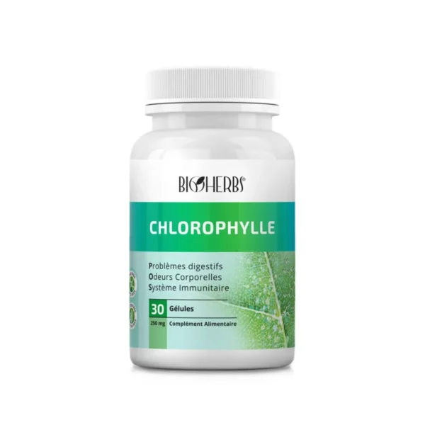 Packshot du flacon « Bioherbs Chlorophylle 30 gélules » sur fond blanc.