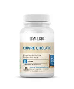 Packshot du flacon « Bioherbs Cuivre Chélaté 30 gélules » sur fond blanc.