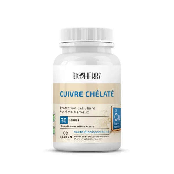 Packshot du flacon « Bioherbs Cuivre Chélaté 30 gélules » sur fond blanc.