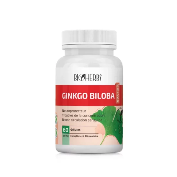 Packshot du flacon « Bioherbs Ginkgo Biloba 60 gélules » sur fond blanc.