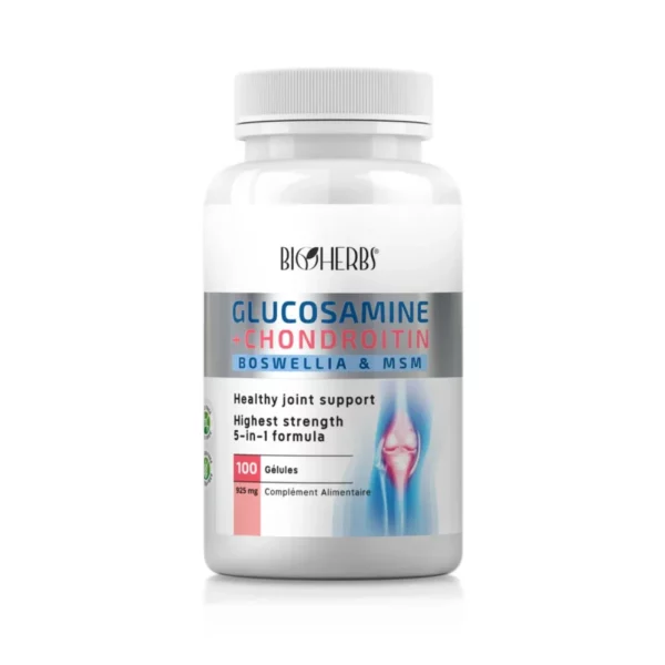 Packshot du flacon « Bioherbs Glucosamine Complexe 100 gélules » sur fond blanc.