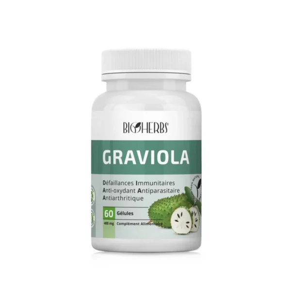 Packshot du flacon « Bioherbs Graviola 60 gélules » sur fond blanc.