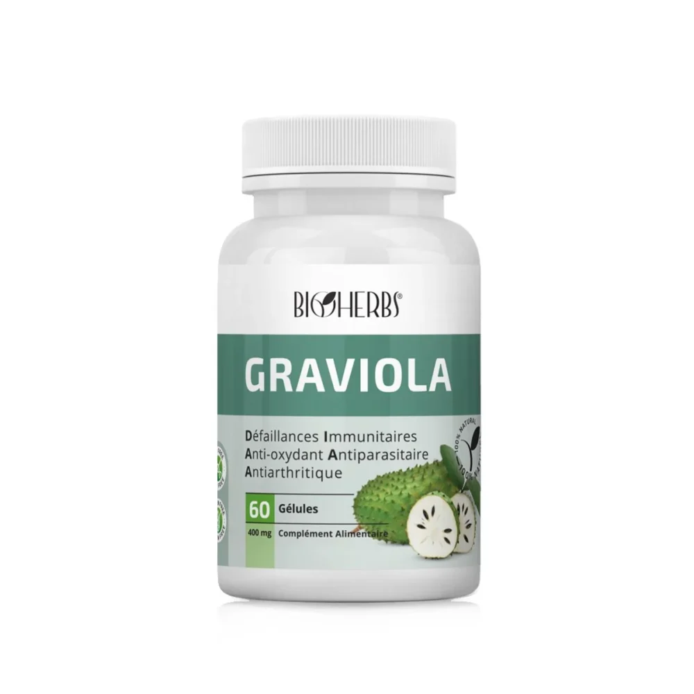 Packshot du flacon « Bioherbs Graviola 60 gélules » sur fond blanc.
