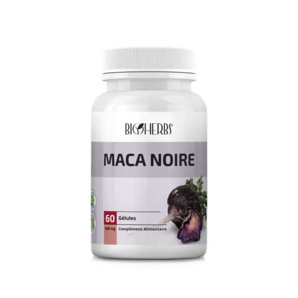 Packshot du flacon « Bioherbs Maca Noire 60 gélules » sur fond blanc.