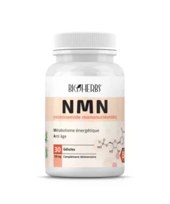 Packshot du flacon « Bioherbs NMN 30 gélules » sur fond blanc, étiquette clairement lisible.