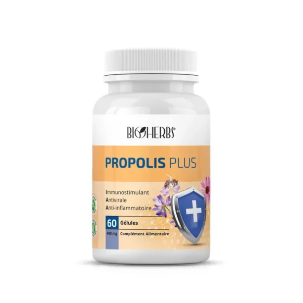 Packshot du flacon « Bioherbs Propolis Plus 60 gélules » sur fond blanc.