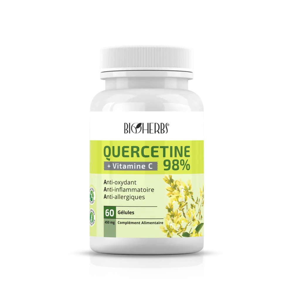 Packshot du flacon « Bioherbs Quercétine 60 gélules » sur fond blanc.