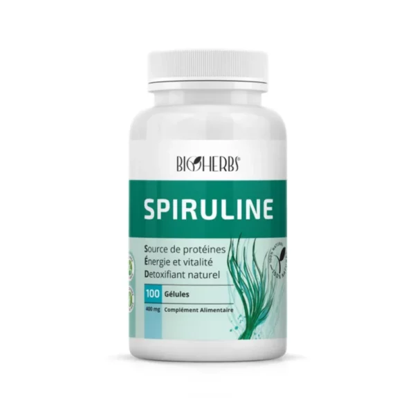 Packshot du flacon « Bioherbs Spiruline 100 gélules » sur fond blanc.