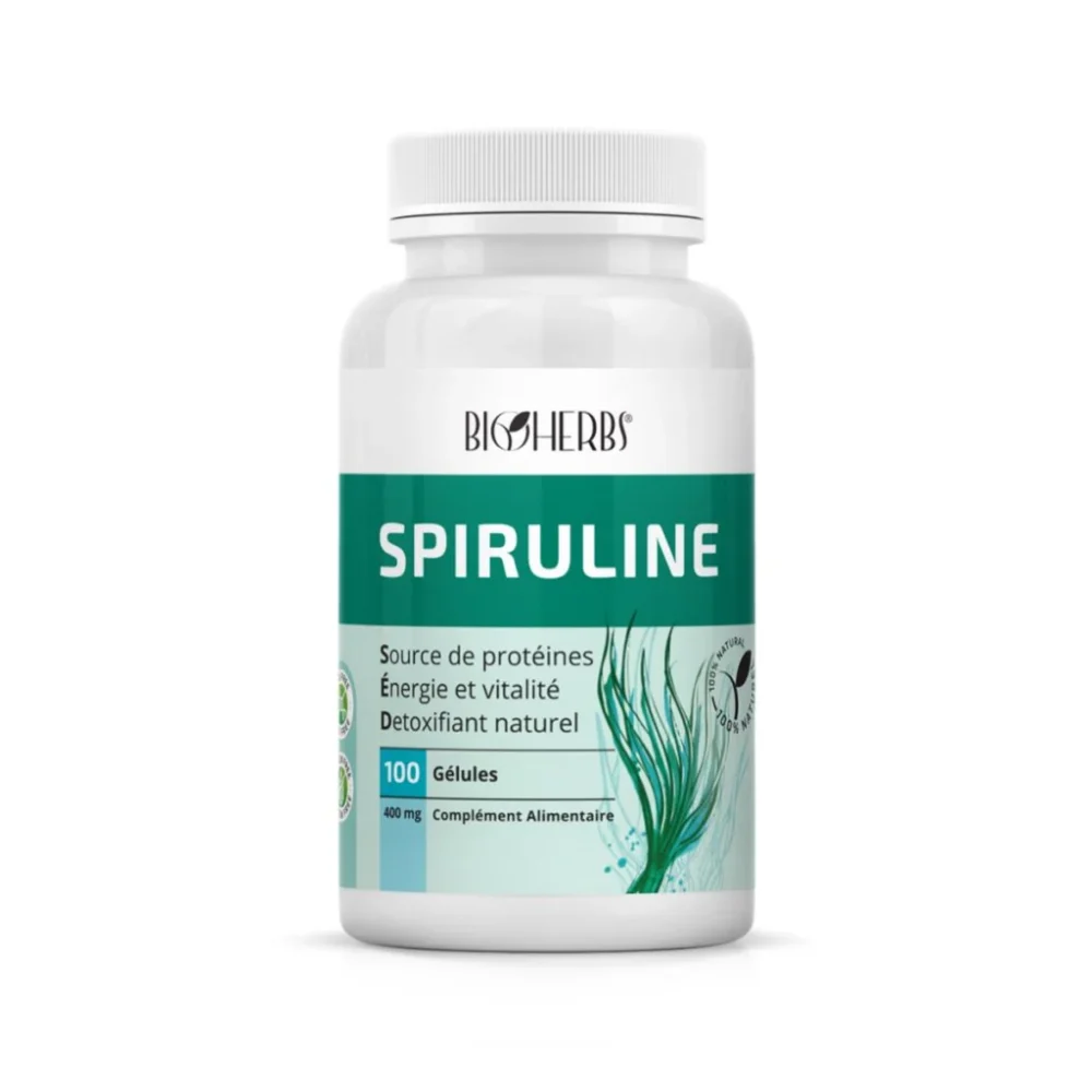 Packshot du flacon « Bioherbs Spiruline 100 gélules » sur fond blanc.