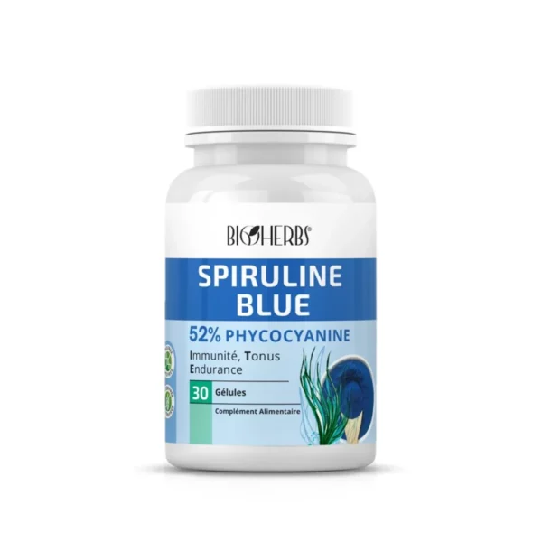 Packshot « Bioherbs Spiruline Bleue 30 gélules » sur fond blanc, étiquette lisible.