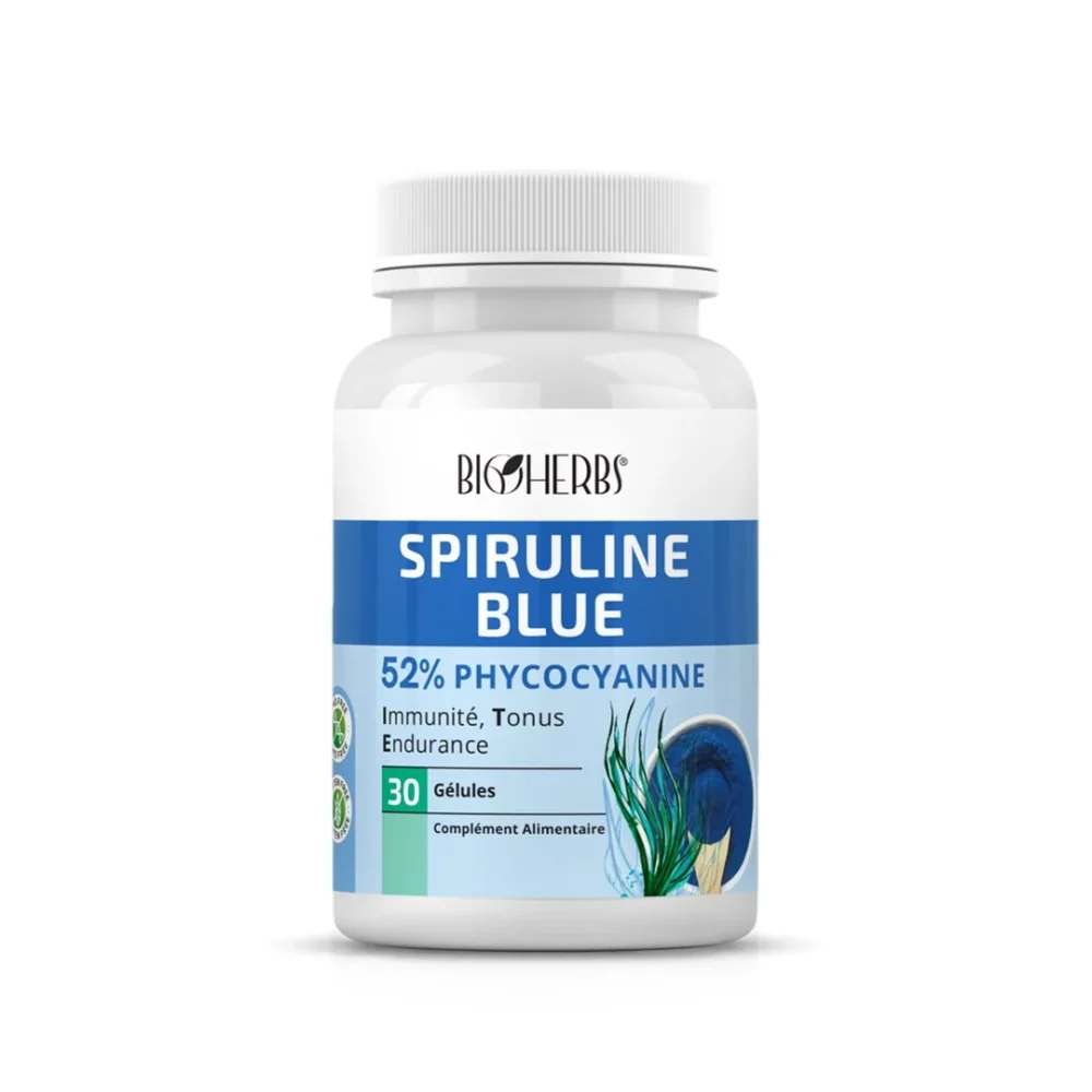 Packshot « Bioherbs Spiruline Bleue 30 gélules » sur fond blanc, étiquette lisible.