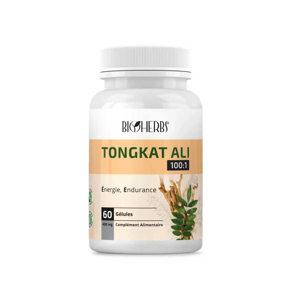 Packshot du flacon « Bioherbs Tongkat Ali 60 gélules » sur fond blanc.