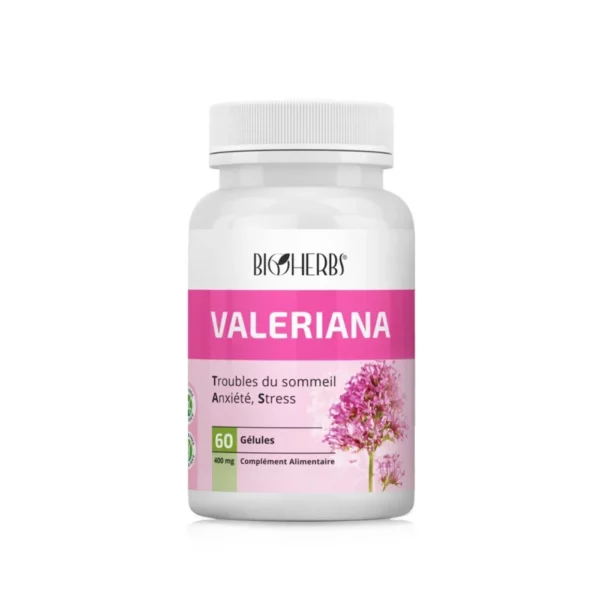 Packshot « Bioherbs Valeriana 60 gélules » sur fond blanc,