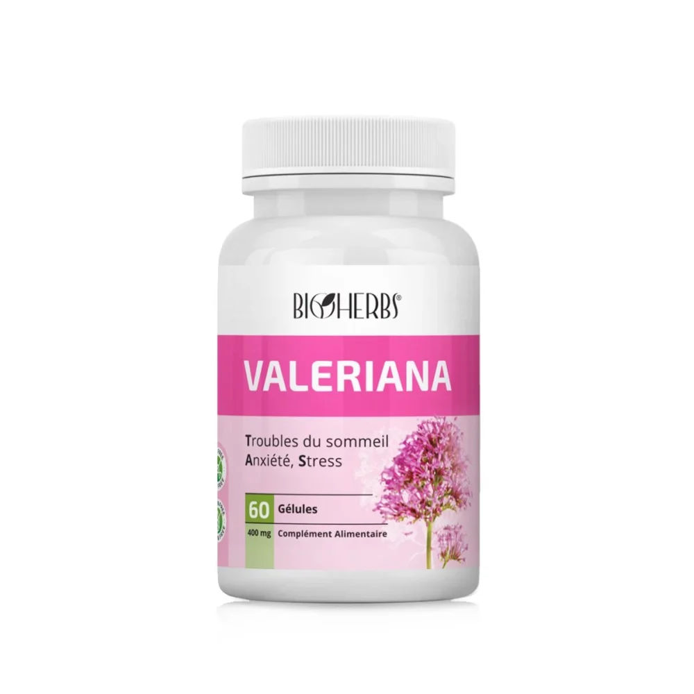Packshot « Bioherbs Valeriana 60 gélules » sur fond blanc,