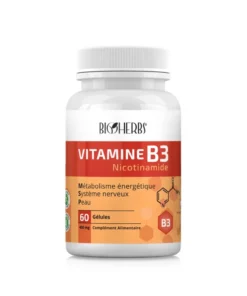 Packshot du flacon « Bioherbs Vitamine B3 Nicotinamide 30 gélules » sur fond blanc.
