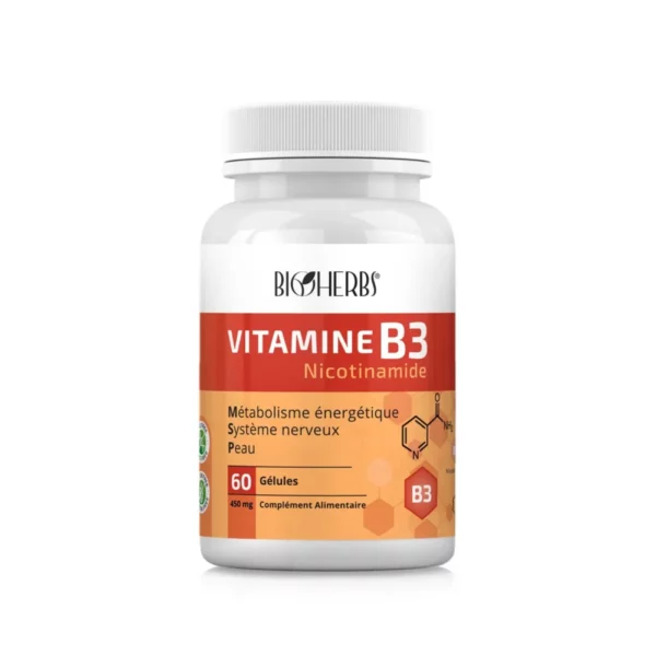 Packshot du flacon « Bioherbs Vitamine B3 Nicotinamide 30 gélules » sur fond blanc.