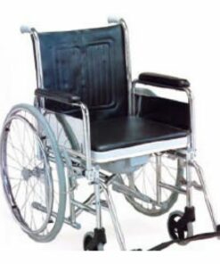 Chaise roulante avec pot intégré, assise et dossier rembourrés, structure chromée.