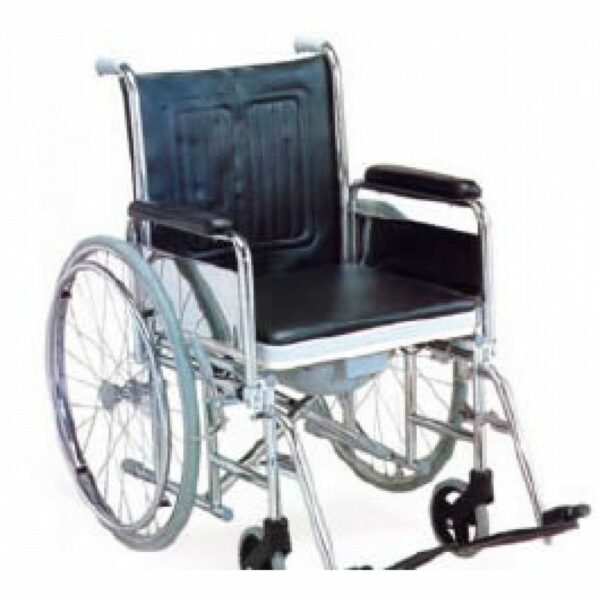 Chaise roulante avec pot intégré, assise et dossier rembourrés, structure chromée.