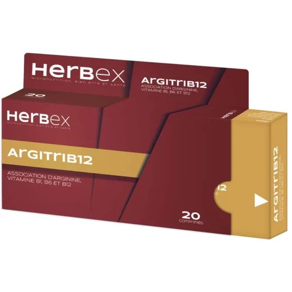 Boîte « Herbex ArgitriB12 20 gélules » sur fond blanc, mention vitalité.