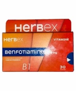Boîte « Herbex Benfotiamine 50 mg 30 gélules » sur fond blanc.