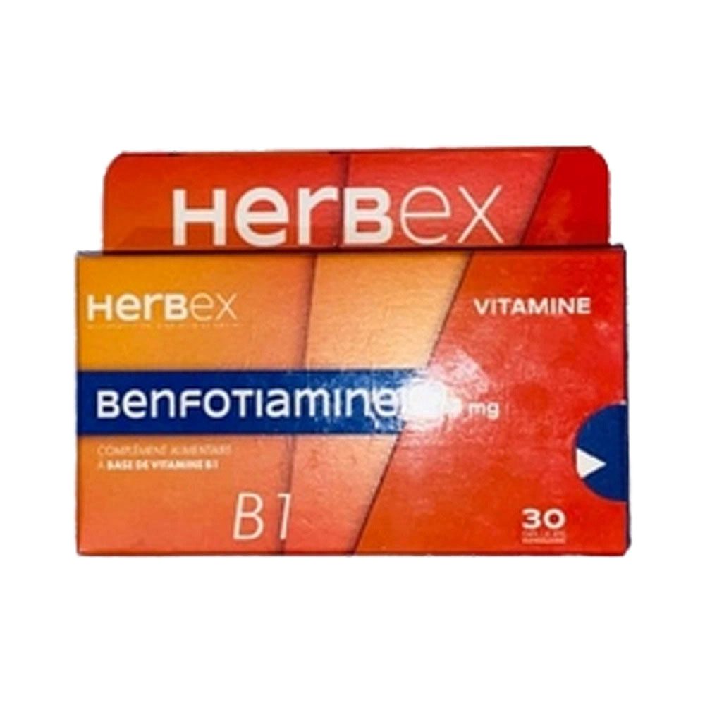 Boîte « Herbex Benfotiamine 50 mg 30 gélules » sur fond blanc.