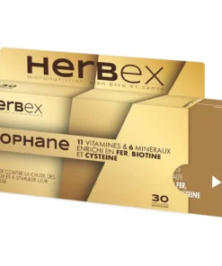 Boîte « Herbex Biophane 30 gélules » sur fond blanc, dédiée cheveux & ongles.