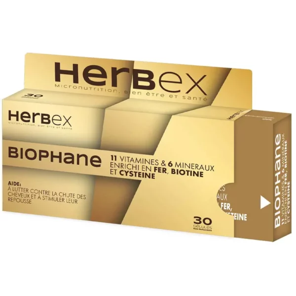 Boîte « Herbex Biophane 30 gélules » sur fond blanc, dédiée cheveux & ongles.