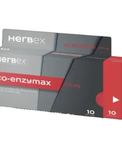 Boîte « Herbex Co-Enzymax 400 mg 10 gélules » sur fond blanc.