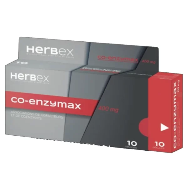 Boîte « Herbex Co-Enzymax 400 mg 10 gélules » sur fond blanc.
