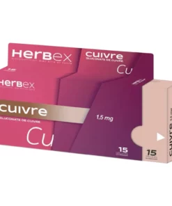 Boîte « Herbex Cuivre 15 gélules » sur fond blanc, mention oligo-élément