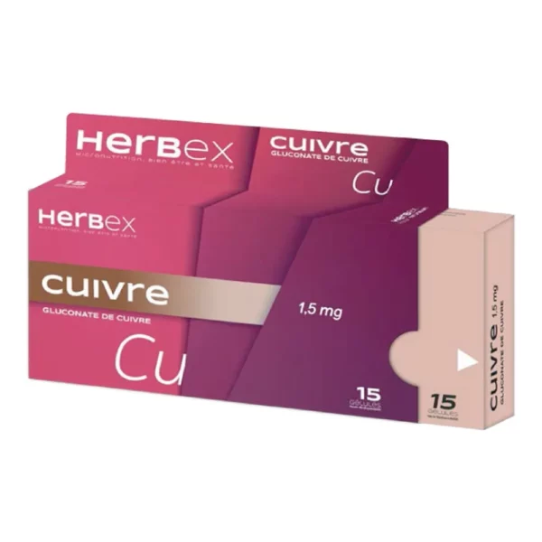 Boîte « Herbex Cuivre 15 gélules » sur fond blanc, mention oligo-élément