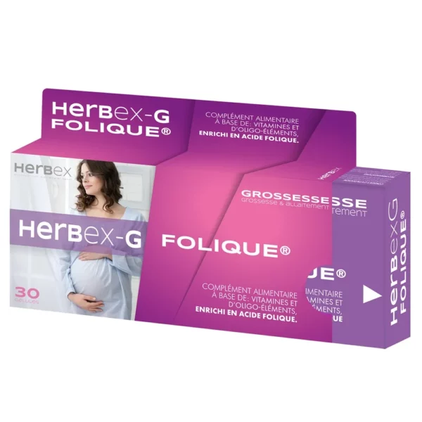 Boîte « Herbex G Meta Folique 30 gélules » sur fond blanc.